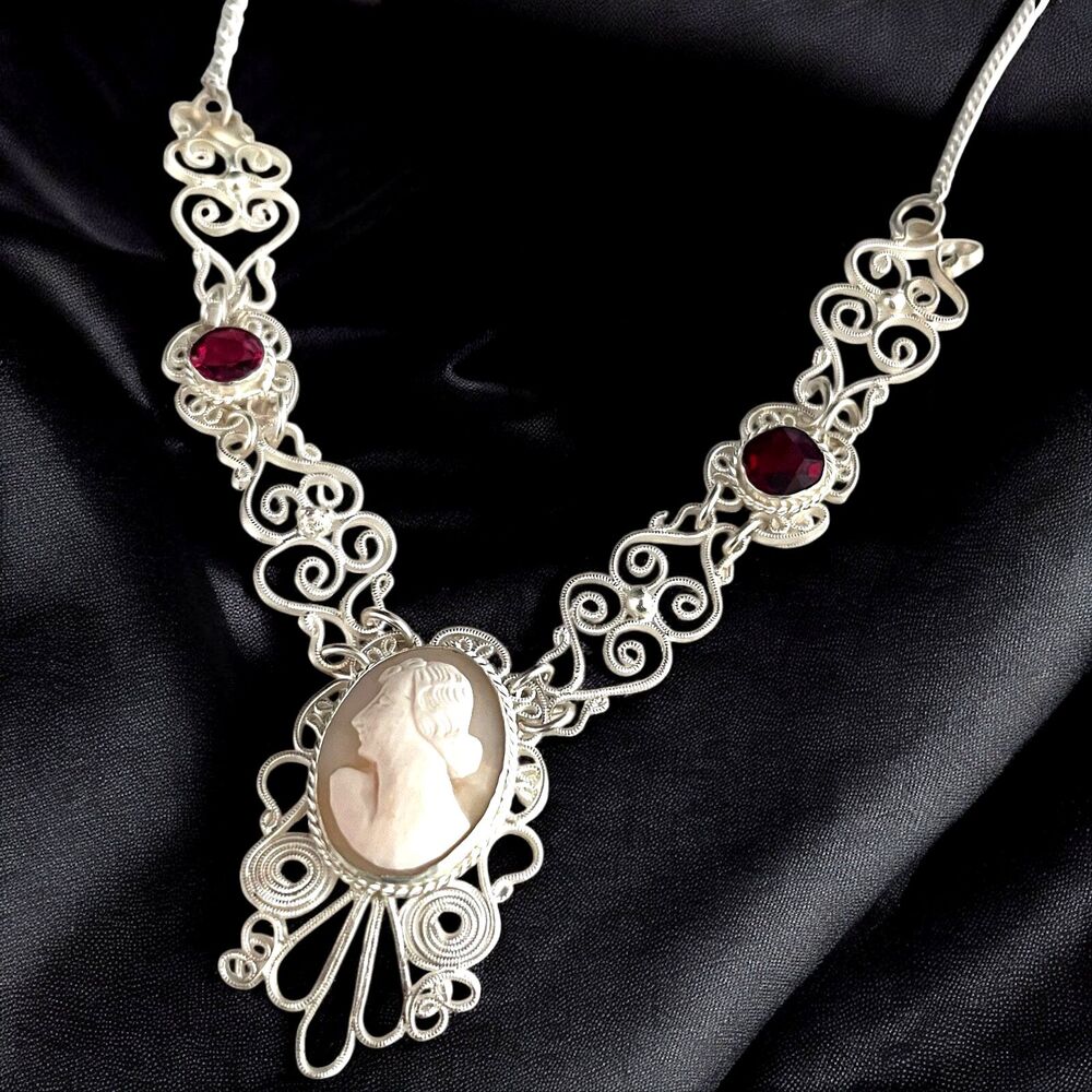 Vintage 1950s Italian Shell Cameo Necklace Victorian Revival Filigree - 9H5